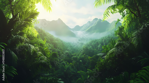 Fototapeta Naklejka Na Ścianę i Meble -  Lush green jungle landscape with towering mountains in the distance. Frond. Illustration