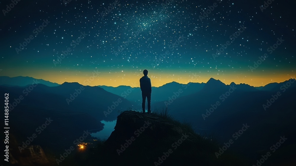 Fototapeta premium Silhouette of a person stargazing on a mountaintop.