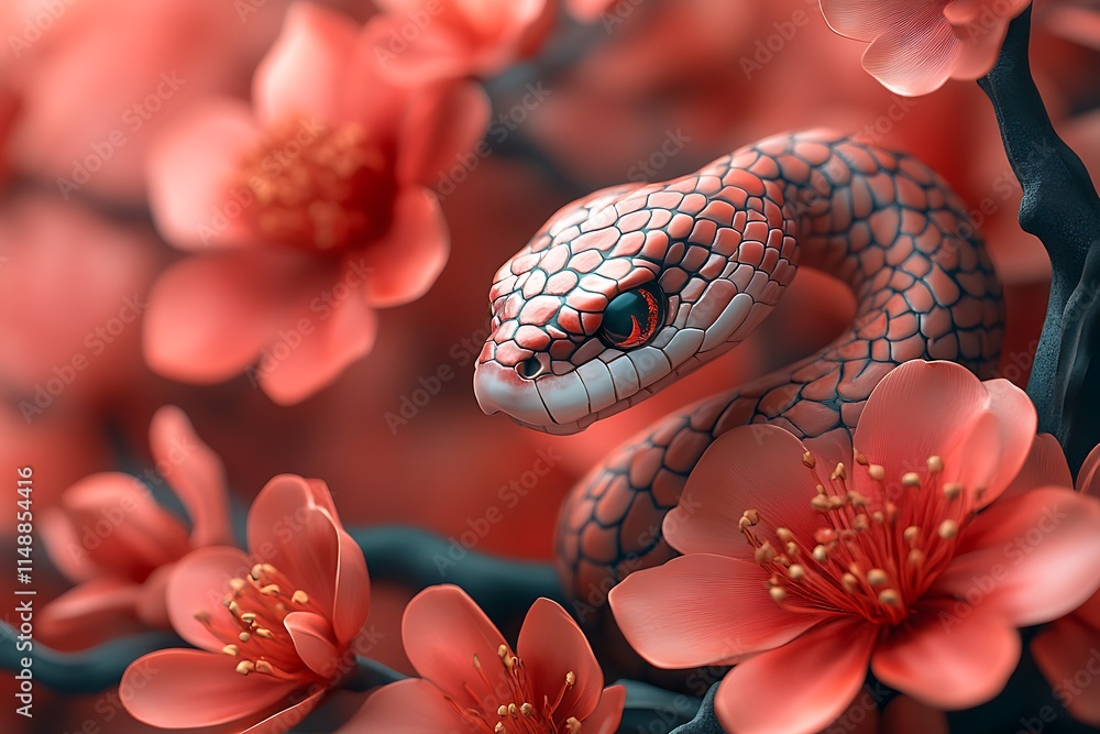 A snake resting on a branch surrounded by delicate flowers. A snake resting on a branch surrounded by delicate flowers.