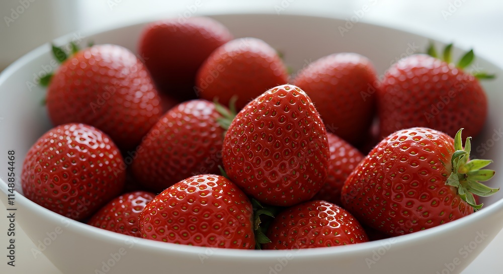 Close-up, vibrant and delicious fresh strawberries in a white bowl, ready for consumption. Selective focus, copy space. Close-up, vibrant and delicious fresh strawberries in a white bowl, ready for consumption. Selective focus, copy space.