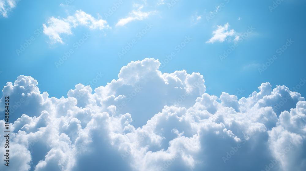 Naklejka premium A breathtaking view of fluffy white cumulus clouds against a vibrant blue sky. Sunlight peeks through, creating a serene and peaceful atmosphere.