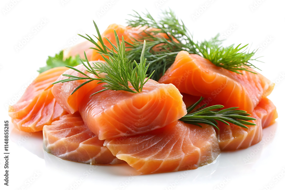 Smoked salmon slices with dill on white background Smoked salmon slices with dill on white background