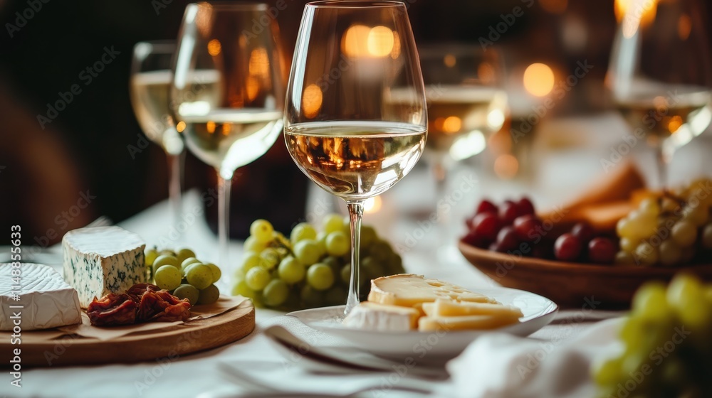 Elegant table setting with fine wine glasses, gourmet cheese, and fresh fruit for a delightful evening gathering. Generative AI Elegant table setting with fine wine glasses, gourmet cheese, and fresh fruit for a delightful evening gathering. Generative AI