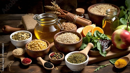 Healthy food spread on weathered wooden surface