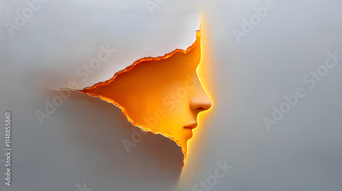 An abstract representation of a face emerging from a lighted crack in a smooth surface, symbolizing self-discovery.