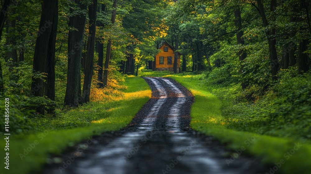 Obraz premium Secluded cabin at the end of a forest road.