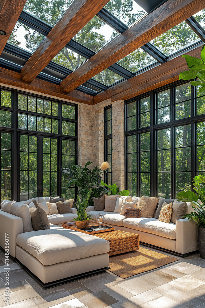 Jardin d’Hiver Contemporain avec Grandes Fenêtres en Verre, Sièges Confortables, Plantes Luxuriantes et Lumière Naturelle Douce, Ambiance Lumineuse et Relaxante Jardin d’Hiver Contemporain avec Grandes Fenêtres en Verre, Sièges Confortables, Plantes Luxuriantes et Lumière Naturelle Douce, Ambiance Lumineuse et Relaxante