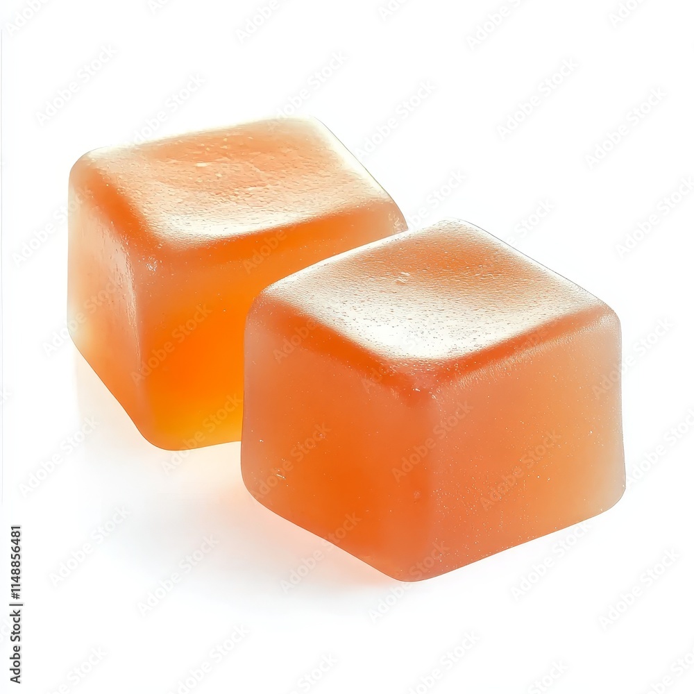 Close-up of two light orange square jelly candies with a soft, smooth texture on a white background. Close-up of two light orange square jelly candies with a soft, smooth texture on a white background.
