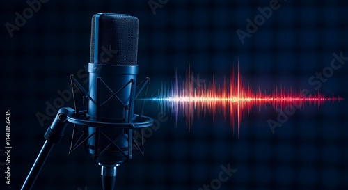 Dark blue background in a professional studio microphone capturing voice with audio waveform; perfect for recording studio, broadcasting, or podcasting.