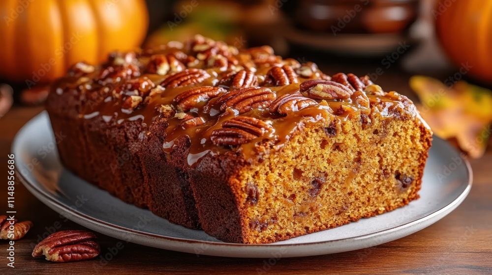 Sliced pumpkin bread with pecans and caramel. Sliced pumpkin bread with pecans and caramel.