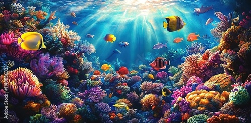 Wallpaper Mural A vibrant coral reef teeming with colorful fish, sunlit and shimmering under the sea surface. Torontodigital.ca
