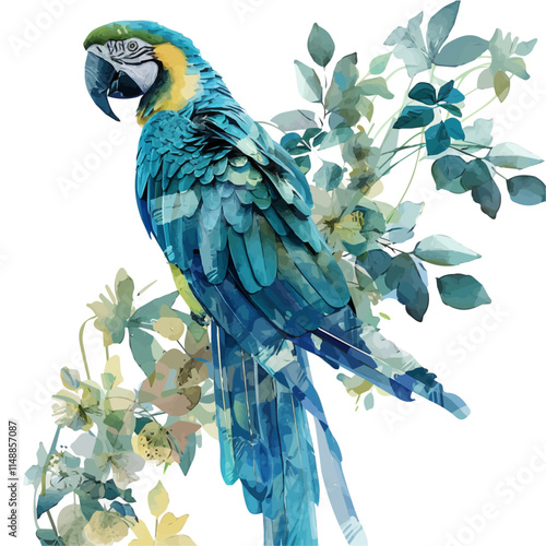 A watercolor vector of a vibrant macaw perched on a tropical vine, isolated on a white background. Macaw vector.
