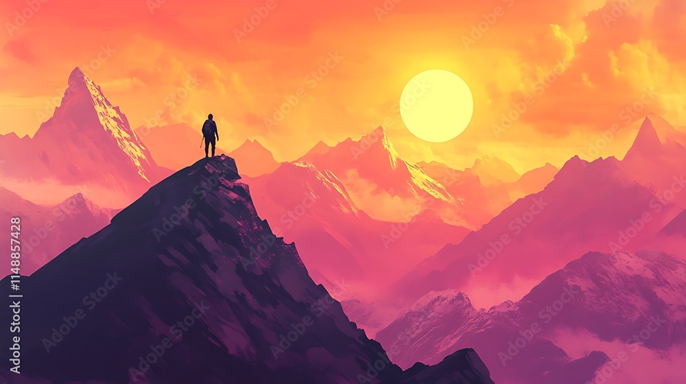 Silhouette of a person standing on a mountain peak at sunset, overlooking a vast mountain range with a vibrant sky. Silhouette of a person standing on a mountain peak at sunset, overlooking a vast mountain range with a vibrant sky.