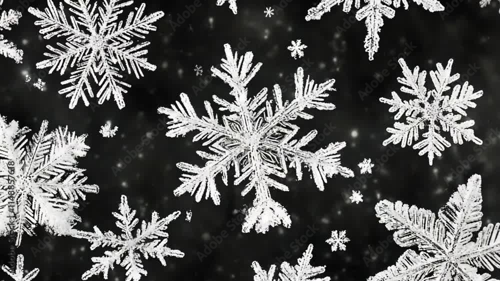 Multiple snowflakes with detailed icy structures captured in high resolution. Multiple snowflakes with detailed icy structures captured in high resolution.