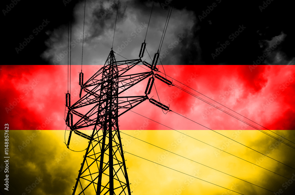 Blackout threat for electricity in Germany, crisis caused by renewables, pylon and German flag