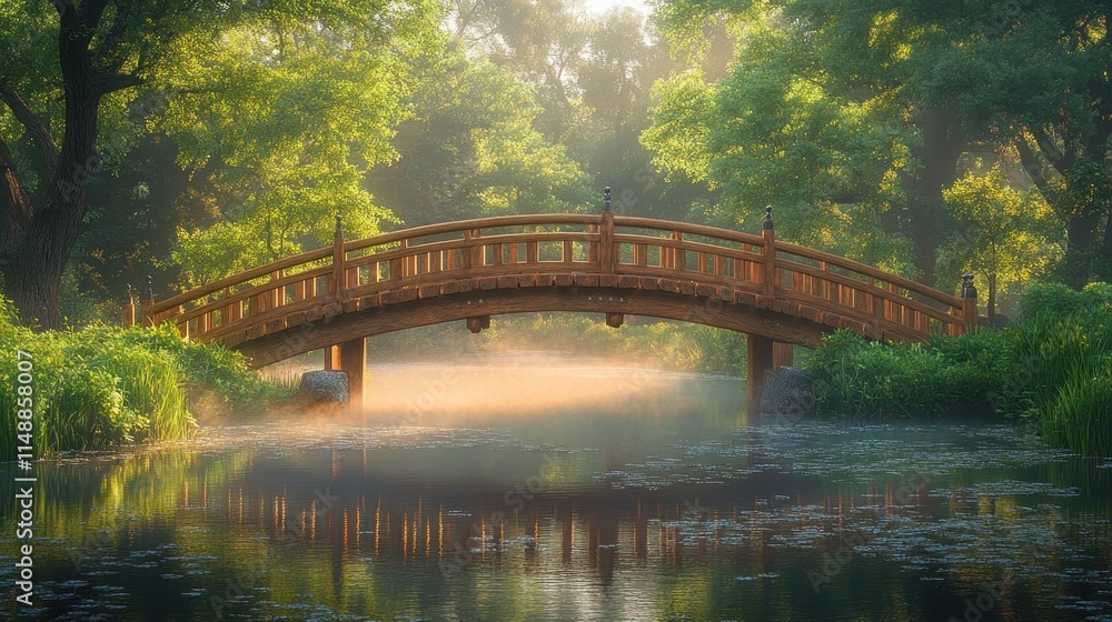 Serene morning mist shrouds wooden bridge over tranquil pond in lush green garden. Serene morning mist shrouds wooden bridge over tranquil pond in lush green garden.
