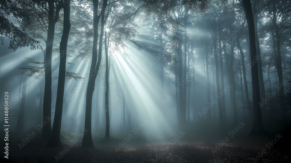 Light rays shining through a misty forest, creating an ethereal atmosphere Light rays shining through a misty forest, creating an ethereal atmosphere