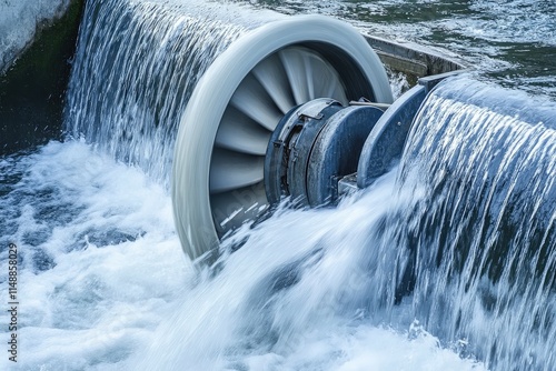 A flowing river with a small water turbine spinning rapidly, representing micro-hydropower generation in a natural setting