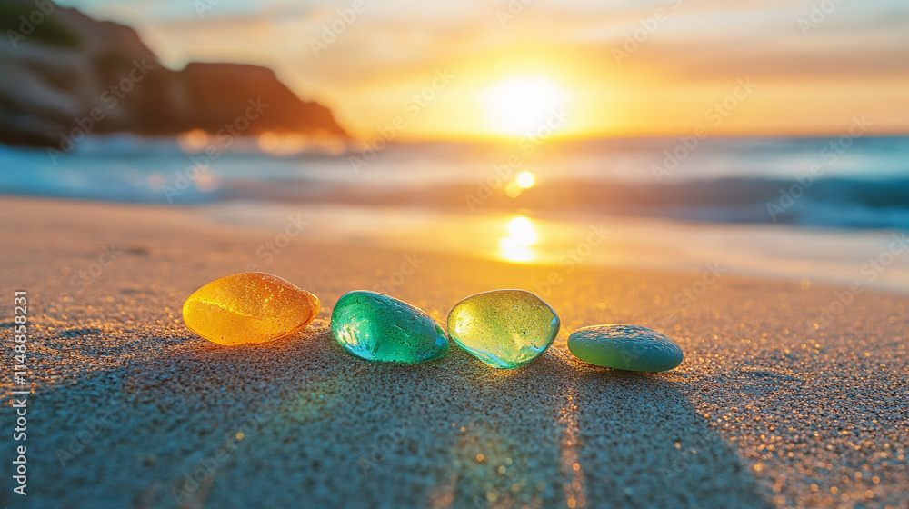 vibrant collection of colorful sea glass sparkles on the sandy beach at sunset, symbolizing transformation, resilience, and the beauty of nature's artistry. A serene ocean travel and summer escape sce vibrant collection of colorful sea glass sparkles on the sandy beach at sunset, symbolizing transformation, resilience, and the beauty of nature's artistry. A serene ocean travel and summer escape sce