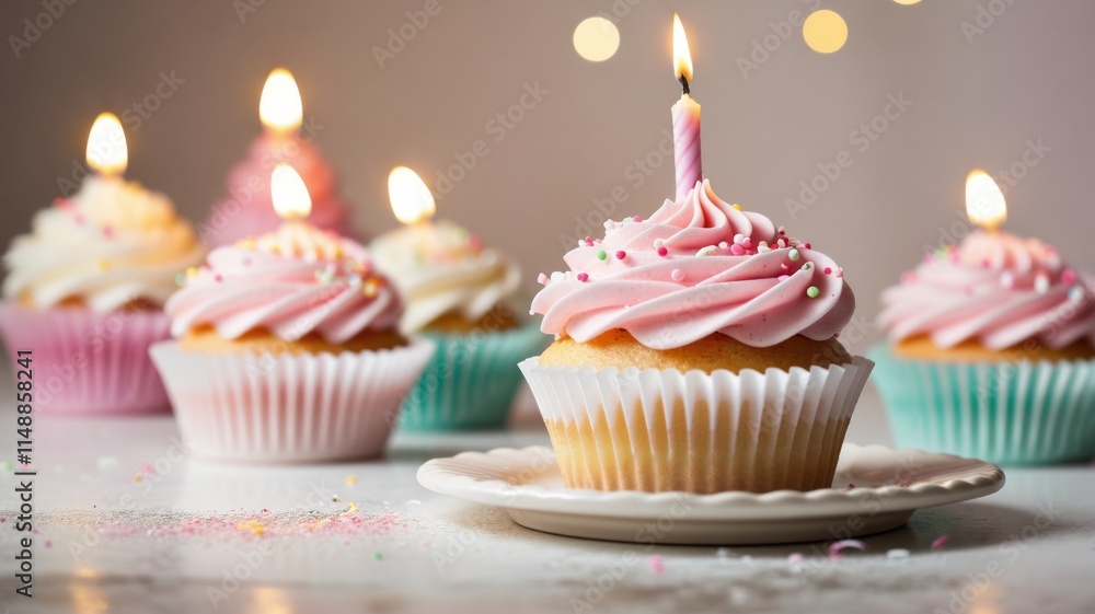 Top-down view of birthday cupcake with pink frosting Top-down view of birthday cupcake with pink frosting