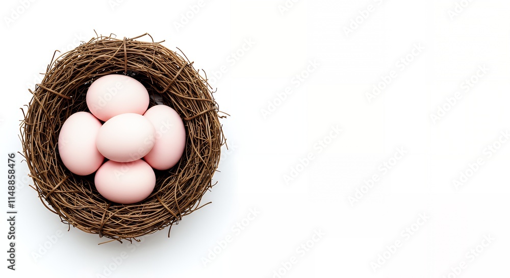 Easter arrangement featuring a wicker nest and pink eggs on a white background, top view only, empty Space for text. Easter arrangement featuring a wicker nest and pink eggs on a white background, top view only, empty Space for text.