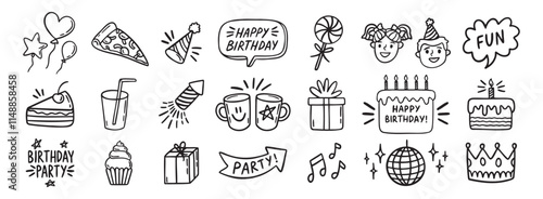 Set of Happy Birthday for kids doodles. Sketch of party decoration, gift box, cake, party hats. Birthday doodle hand drawn icon set.