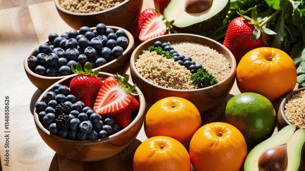 Vibrant healthy food selection on wooden table Vibrant healthy food selection on wooden table