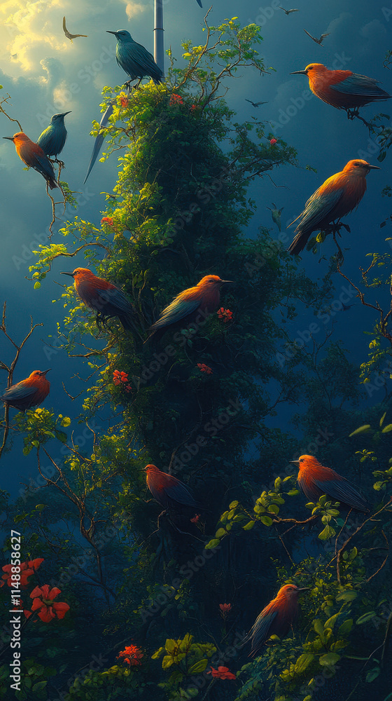 Fototapeta premium Vibrant Birds Perched on Lush Wind Turbine Amidst Scenic Landscape at Dawn