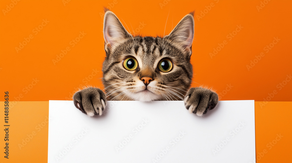 cat holding a white banner in paws on a color background cat holding a white banner in paws on a color background