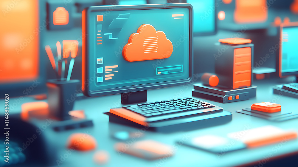 Stylized 3D render of a computer displaying a cloud storage icon. Surrounded by other tech devices, it depicts modern data management and cloud computing. Stylized 3D render of a computer displaying a cloud storage icon. Surrounded by other tech devices, it depicts modern data management and cloud computing.