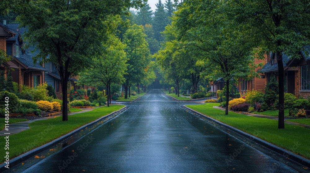 Rainy day on a tree-lined suburban street. Rainy day on a tree-lined suburban street.