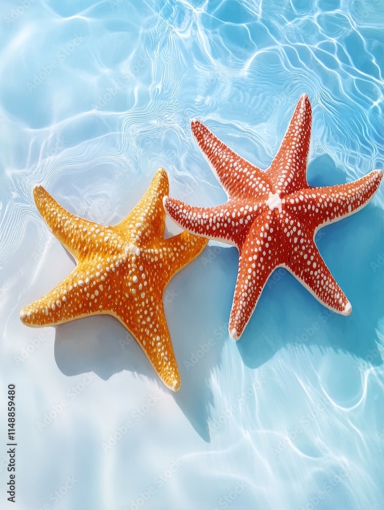 Starfish in Ocean Water - Two starfish, orange and red, rest on a bed of clear blue water, symbolizing summer, ocean life, tranquility, marine beauty, and coastal relaxation. Starfish in Ocean Water - Two starfish, orange and red, rest on a bed of clear blue water, symbolizing summer, ocean life, tranquility, marine beauty, and coastal relaxation.