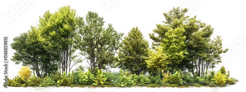 Obraz na płótnie Cutout tree line. Forest and green foliage in summer. Row of trees and shrubs isolated on transparent background. Forest scape. High quality clipping mask
w salonie