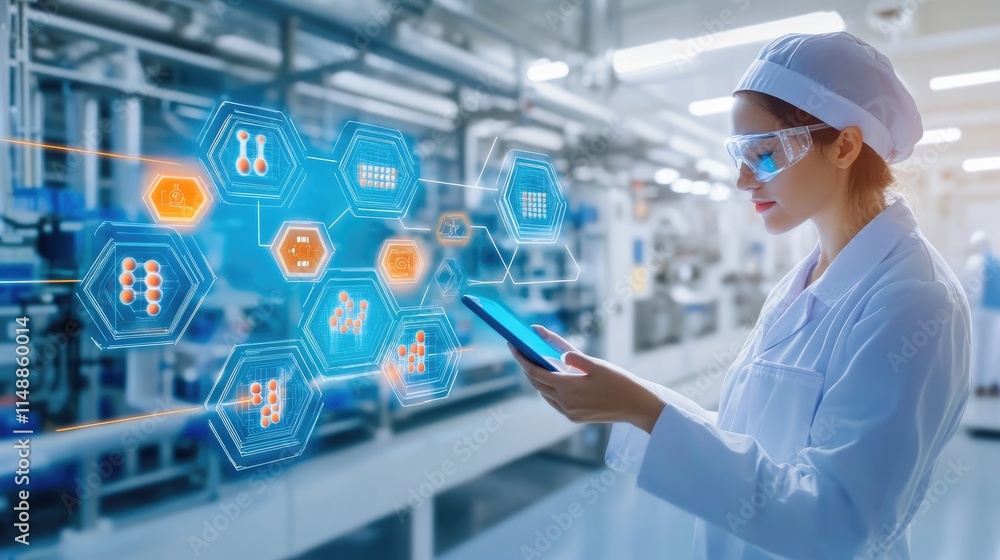 Female Scientist Using Tablet in a Laboratory Filled with Advanced Technology, Analyzing Data with Blueprints and Chemical Structures in Microbiology Research Facility Female Scientist Using Tablet in a Laboratory Filled with Advanced Technology, Analyzing Data with Blueprints and Chemical Structures in Microbiology Research Facility