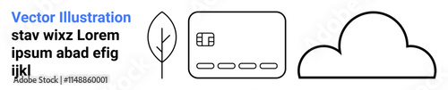 Minimalistic symbols of a leaf, credit card, and cloud on a white background emphasize eco-friendly digital solutions. Ideal for sustainability, fintech, technology, environment, digital