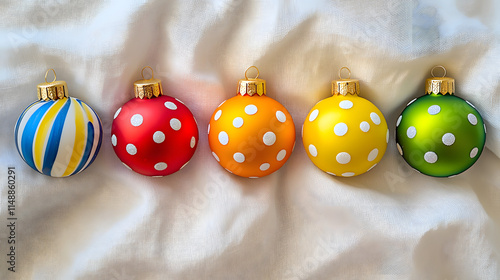 Five colorful Christmas baubles arranged in a row on a white fabric background.  Each bauble features a unique design, including stripes and polka dots. photo