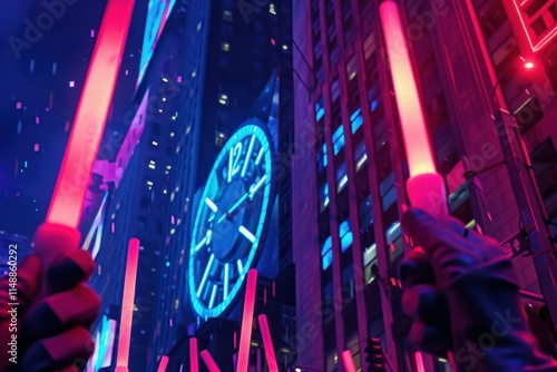 New Year countdown clock skyscraper massive crowd glow sticks celebration