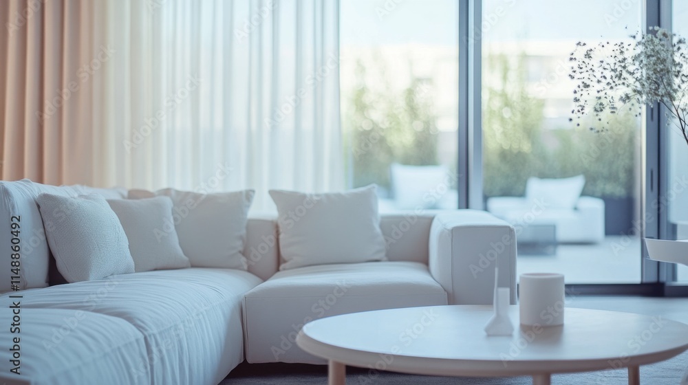 Fototapeta premium Modern minimalist living space with clean, refined decor. Featuring sleek lines and neutral hues