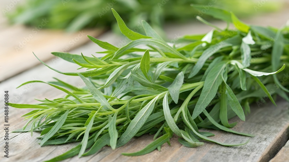 Fresh bunch of tarragon on a wooden surface. Close-up of the narrow green leaves. Fresh bunch of tarragon on a wooden surface. Close-up of the narrow green leaves.