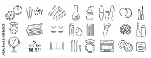 make up beauty doodle hand drawn icon set. Outline drawing cosmetics line clipart symbol
