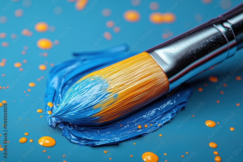 3D of a paintbrush resting on vibrant blue paint with splatters 3D of a paintbrush resting on vibrant blue paint with splatters
