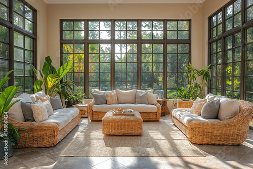 Jardin d’Hiver Contemporain avec Grandes Fenêtres en Verre, Sièges Confortables, Plantes Luxuriantes et Lumière Naturelle Douce, Ambiance Lumineuse et Relaxante photo