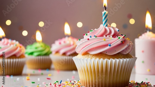 Beautiful birthday cupcake with single lit candle
