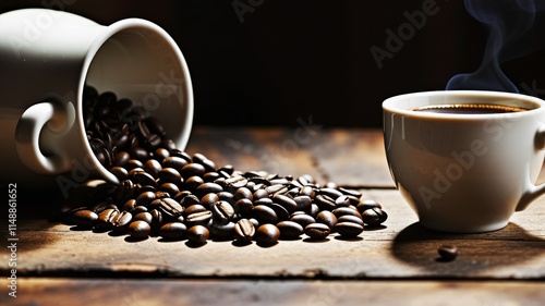 Ceramic cup with coffee beans on textured wood