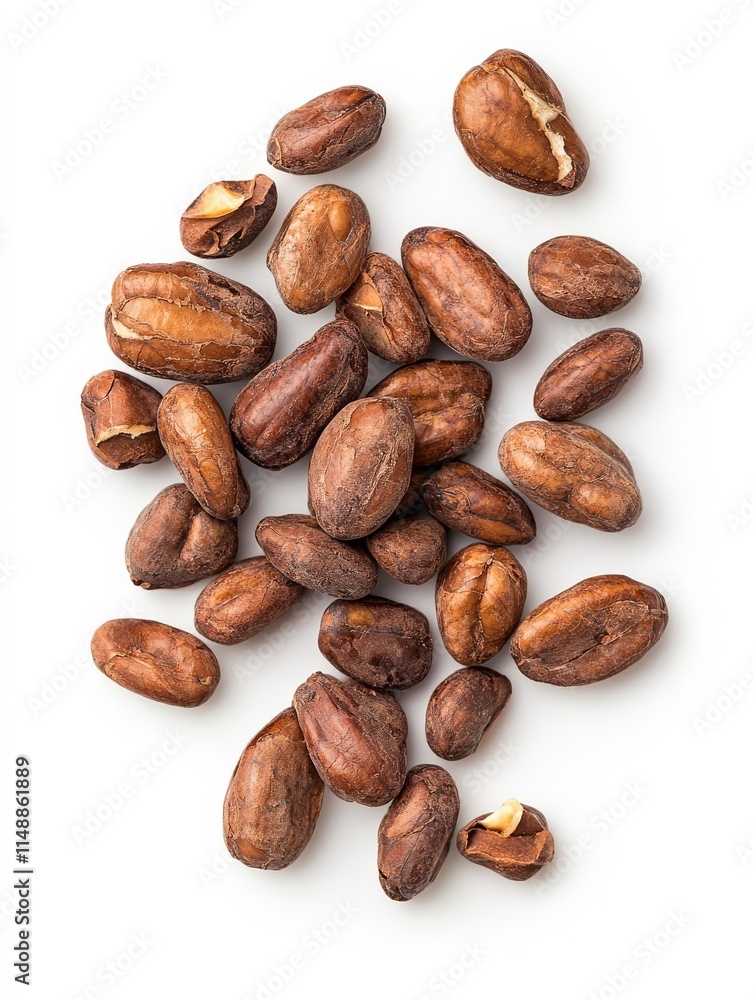 Fototapeta premium Food photography aesthetic scattering cocoa beans on white background - minimalist design