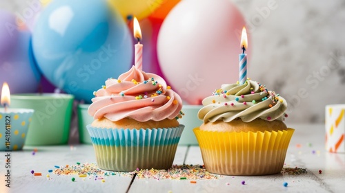 Pastel frosted cupcake with candle and rainbow sprinkles