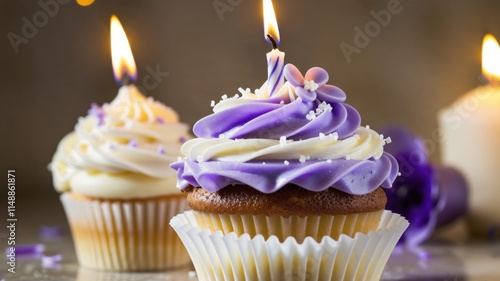 Delightful birthday cupcake with lavender frosting and lit candle