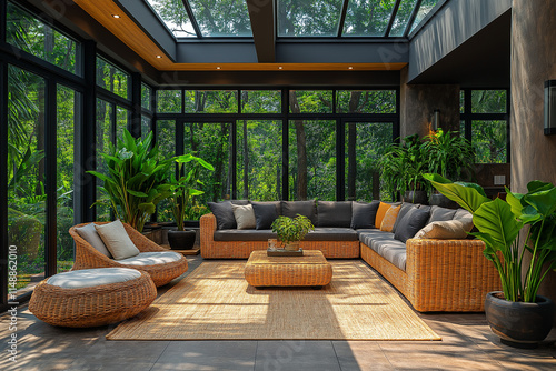 Jardin d’Hiver Contemporain avec Grandes Fenêtres en Verre, Sièges Confortables, Plantes Luxuriantes et Lumière Naturelle Douce, Ambiance Lumineuse et Relaxante photo