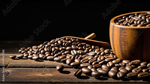 Rustic cup with coffee beans on dark wood surface
