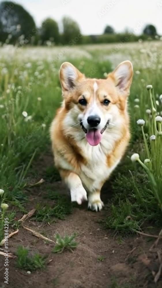 A dog is running through a field of flowers